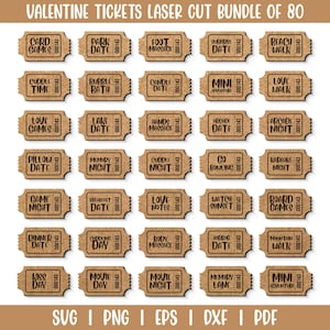 Può includere: Un pacchetto di 80 biglietti di San Valentino tagliati al laser. Ogni biglietto, di colore marrone chiaro, presenta frasi come "Card Games", "Park Date" e "Cuddle Time". I biglietti sono progettati per varie attività di appuntamenti.