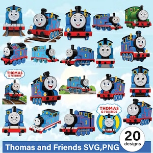 May include: A collection of 20 cartoon images of Thomas the Tank Engine and friends. The trains are primarily blue with red and black accents. The image includes the text "Thomas and Friends SVG, PNG".