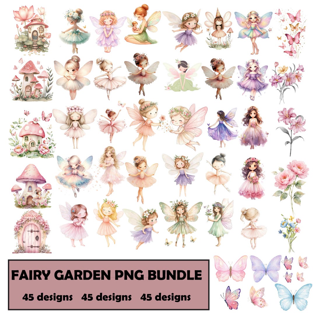 Watercolor Fairy Garden, Little Pink Fairies Clipart Bundle, Fairytale ...
