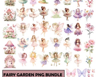 Watercolor fairy garden, little pink fairies clipart bundle, Fairytale fantasy fairy house, Nature fairie Forest, Magical Garden Clipart