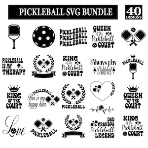 May include: A black and white SVG bundle featuring 40 pickleball designs. The designs include pickleball paddles, balls, and text such as "Pickleball is my therapy," "King of the Court," and "Queen of the Court."