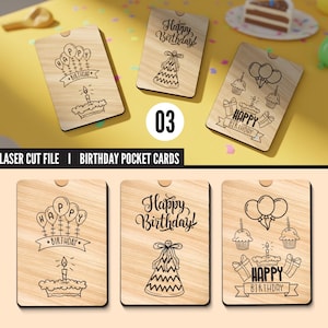 Puede incluir: Tarjetas de bolsillo de cumpleaños de madera con diseños cortados con láser. Las tarjetas presentan ilustraciones de pastel de cumpleaños, globos y cajas de regalo, junto con el texto "Happy Birthday!" y "Birthday". El número "03" también es visible.