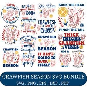 Könnte beinhalten: Eine Sammlung von SVG-Designs zum Thema Krebse. Die Designs zeigen Krebsillustrationen und Texte wie "Feed Me Crawfish" und Phrasen, die sich auf Krebskochen beziehen. Die Farbpalette umfasst rote, gelbe und blaue Elemente, ideal für Kleidung und Dekoration.