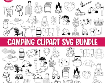 Camping Clipart SVG Bundle, 50 Outdoor Designs, Hiking Clipart, Camper Life PNG, Outdoor Adventure Cut Files, Summer Camping, RV Designs