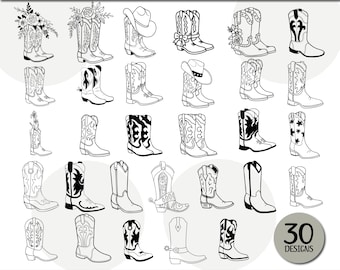 Könnte beinhalten: Eine Sammlung von 30 Cowboy-Stiefel-Designs in Schwarz und Weiß, darunter Blumen-, Hut- und Musterstile. Der Text "COWBOY BOOTS SVG BUNDLE" steht oben, mit "SVG - PDF - DXF - EPS - PNG" unten. Ein Kreis zeigt "30 DESIGNS".