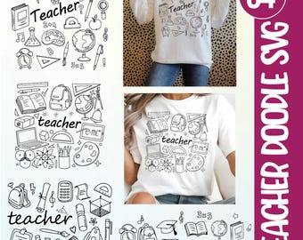 Teacher Doodle SVG, Teacher Doodle Cricut, Teacher Shirt Design, Teacher Coquette Bow SVG,  School Icons Doodle SVG, Teacher Gift Idea