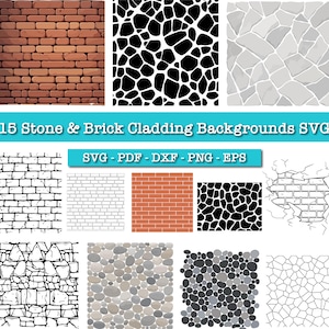 May include: A collection of 15 stone and brick cladding backgrounds in SVG format. The image displays various textures, including red brick, black and white stone patterns, and gray stone. The text "15 Stone & Brick Cladding Backgrounds SVG" is visible.