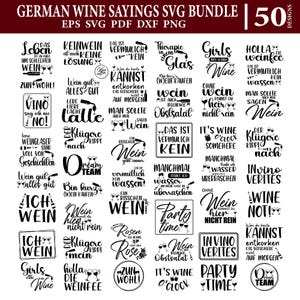 Puede incluir: Un conjunto de 50 diseños SVG con temática de vino alemán. La colección incluye varias citas y frases sobre el vino, presentadas en blanco y negro. El texto se muestra en diversas fuentes y estilos, ideal para proyectos de manualidades.