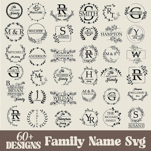May include: A collection of over 60 family name SVG designs in black. Each design features a name or initial, often within a floral or laurel wreath. The text "60+ DESIGNS Family Name Svg" is at the bottom.