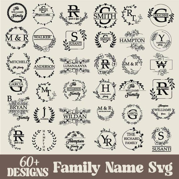60 Family Name Svg, Floral Frame Svg, Cutting Board Svg, Monogram Alphabet, Wedding Bundle SVG, Kitchen Towel Svg, Last Name Svg