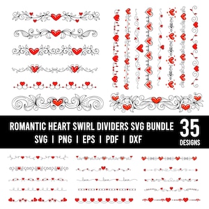 May include: A collection of romantic heart swirl dividers in various designs. The image features black and white line art with red heart accents. The text "ROMANTIC HEART SWIRL DIVIDERS SVG BUNDLE" is displayed, along with file type information and the number "35 DESIGNS."