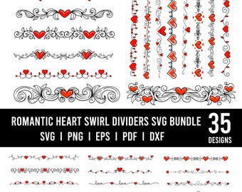 Swirl Herz SVG Bundle, Liebeslinie Grenzen, Blumenherz Wirbel, Flourish SVG, dekorative Swirl Clipart, romantische Linie Teilerelemente