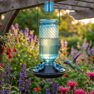 Puede incluir: Un comedero para colibr&iacute;es de vidrio azul con un patr&oacute;n de diamantes texturizado en la mitad superior y estr&iacute;as verticales en la inferior. Cuenta con una base de metal negro con dos puertos de alimentaci&oacute;n en forma de flor azul.