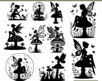 Fairy on Mushroom SVG-bundel, grillige clipart (digitale download)