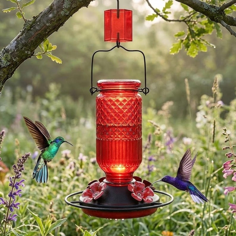Puede incluir: Un comedero para colibr&iacute;es de vidrio rojo con un dep&oacute;sito de patr&oacute;n de diamantes, una base de metal negro con puertos de alimentaci&oacute;n en forma de flor roja y un colgador de alambre negro. Dos colibr&iacute;es, uno verde y otro morado, vuelan cerca.