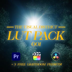 Può includere: Una grafica digitale con il testo "THE VISUAL DISTRICT LUT PACK 001" in lettere dorate. Sotto sono presenti icone per software di editing video, tra cui Premiere Pro, Final Cut Pro e DaVinci Resolve. È incluso anche il testo "+ 3 FREE LIGHTROOM PRESETS!".
