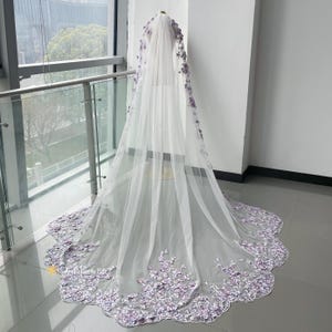 Purple Flowers Lace Bridal Veil,Dreamy Leaf Ivory Tulle Long Veil,Handmade Single Tier Irregular Hem Veil With Comb,Wedding Accessories.
