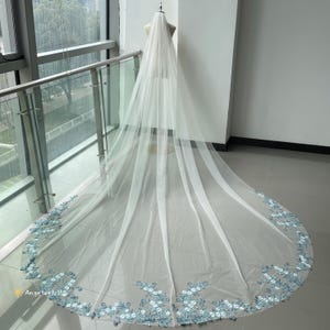 Elegant Blue Flowers Leaf Lace Wedding Long Veil,Cathedral Ivory Tulle Long Veil,Hand-made Single Tier Soft Bridal Veil With Comb.