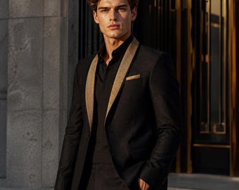 Luxe zwart-gouden linnen smokingpak voor heren | Slim fit zomerpak voor heren, tweedelig pak voor bruiloft, linnen pak voor de bruidegom | Kleding voor een strandbruiloft.