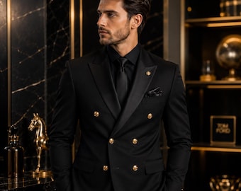 Men’s Luxury Black Tuxedo Suit, Double Breasted Wedding Suit, Elegant Groom Attire, Custom Formal Wear, Business Party Suit.