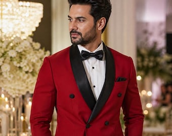 Men Red Tuxedo Suit Double Breasted Black Lapel Wedding Suit Formal Party Prom Blazer Pant Set Luxury Groom Outfit Modern Slim Fit.