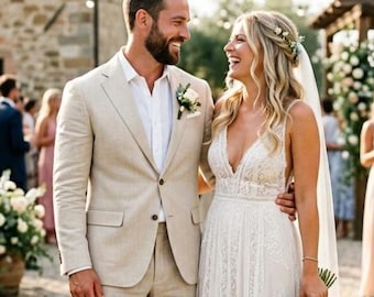 Men Beige Linen Wedding Suit Groom Outfit Summer Suit Slim Fit Beach Wedding Suit Casual Formal Blazer Pant Set Lightweight Luxury Suit.