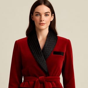 May include: A red velvet robe with black quilted satin lapels, cuffs, and pocket trim. The robe features a matching belt and a classic shawl collar. The sleeves have black quilted cuffs. The robe is a luxurious garment.
