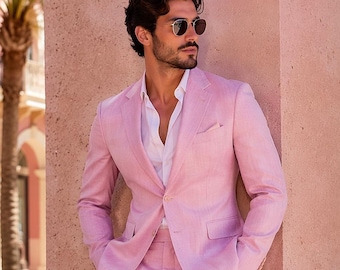Men’s Luxury Pink Linen Suit – Summer Wedding Groom Suit, Slim Fit 2 Piece Formal Outfit, Lightweight Party Wear, Modern Designer Suit.