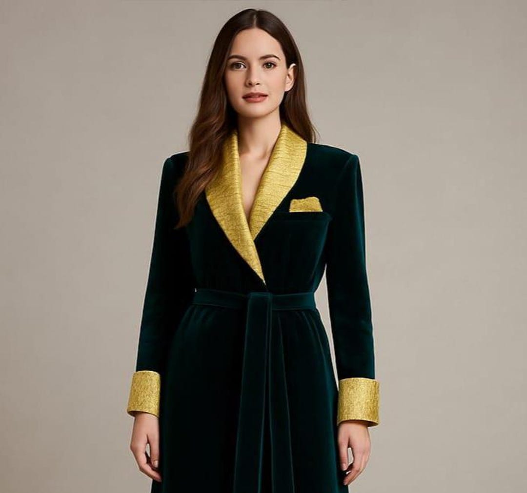 Elgant Robe Luxury Emerald Green Velvet Long Robe With Gold Trim, Elegant Full ...