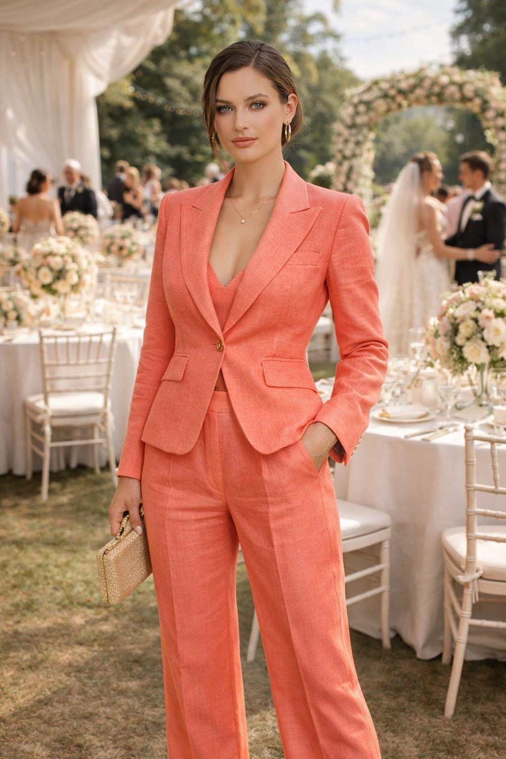 Women Coral Linen Suit, 2 Piece Linen Pantsuit, Wedding Guest Suit, Bridesmaid Outfit, Summer Blazer Set, Business Suit Women, Custom Suit.