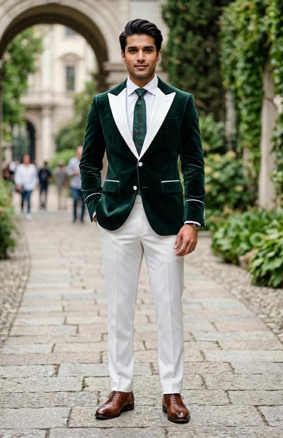 green velvet dress jacket Men Dark Blazer White Lapel, Luxury Wedding Groom Outfit, Formal Dinner Jacket, Prom Party Wear, Custom Handmade Suit image-tall