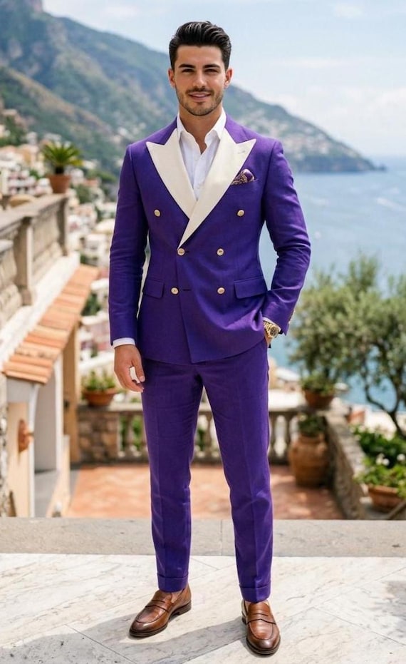 designer formal dress for men Luxury Purple Double Breasted Suit Men, White Peak Lapel Wedding Suit, Suit, Groom Outfit, Prom Suit Tailored Black wedding guest maxi dress