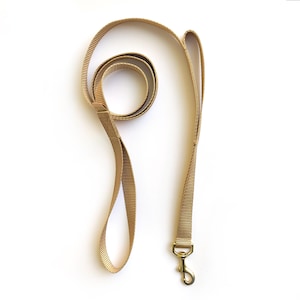 May include: A gold-colored dog leash with a metal clip. The leash is made of a woven material.