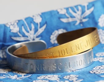 Personalized Hand Stamped Cuff Bracelet | Custom Name Jewelry (Brass or Aluminum)