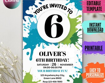 Invitación para el sexto cumpleaños de un niño: Plantilla editable en Canva (descarga digital)