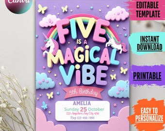 Rainbow Unicorn 5th Birthday Invitation: Editable Template (Digital Download)
