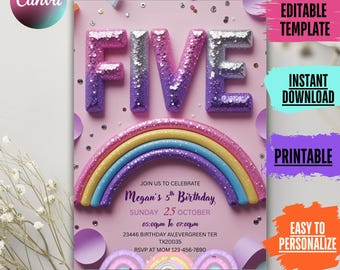 Rainbow Glitter 5th Birthday Invitation Girl - Editable Template (Digital Download)