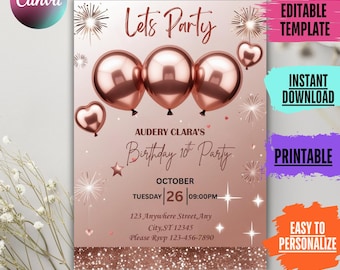 Rose Gold Birthday Party Invitation: Editable Canva Template (Printable)