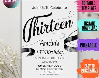 Coquette 13th Birthday Invitation: Black Bow, Trendy Girl (Digital Download)