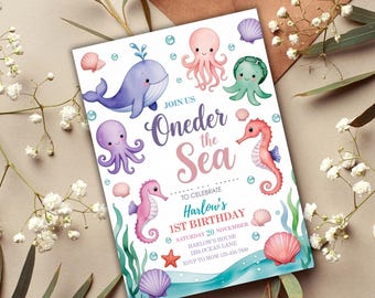 Inbjudan till Oneder the Sea-födelsedag, havsdjur (redigerbar Canvas-mall)