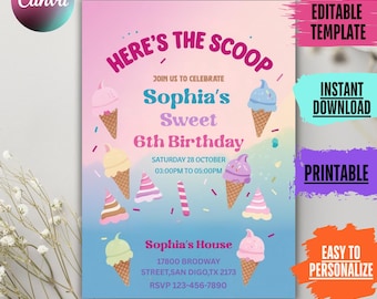 Ice Cream Birthday Invitation, Pink Purple Mint (Canva Template)