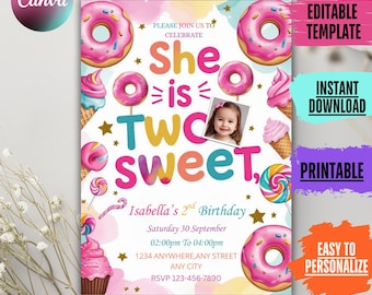 Editable Two Sweet Birthday Invitation – 2nd Birthday Party Photo Invite, Candy Donut Dessert Theme