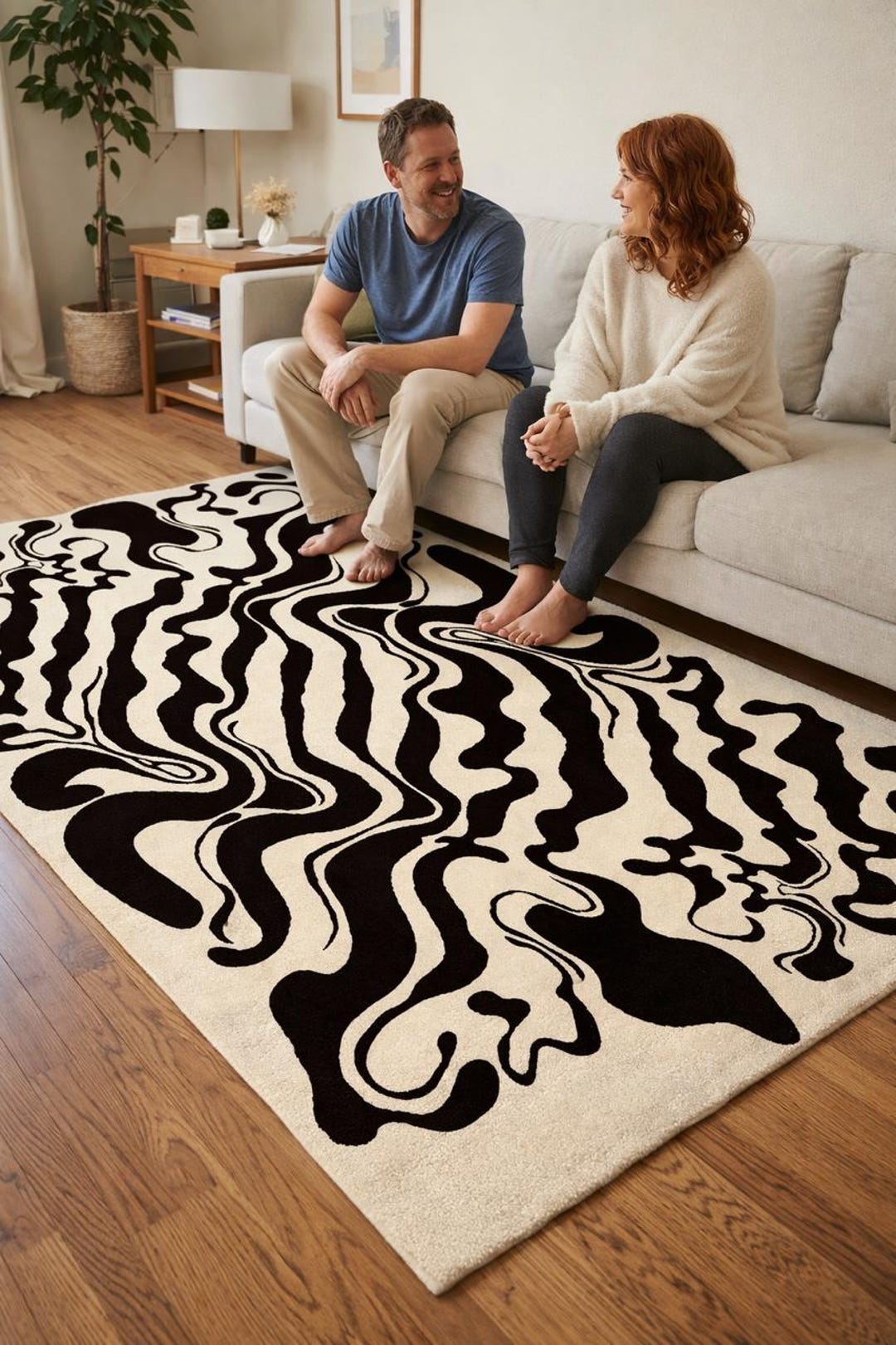 Hand Tufted Wool Area Rug, Modern Black and Cream Abstract Design - Etsy