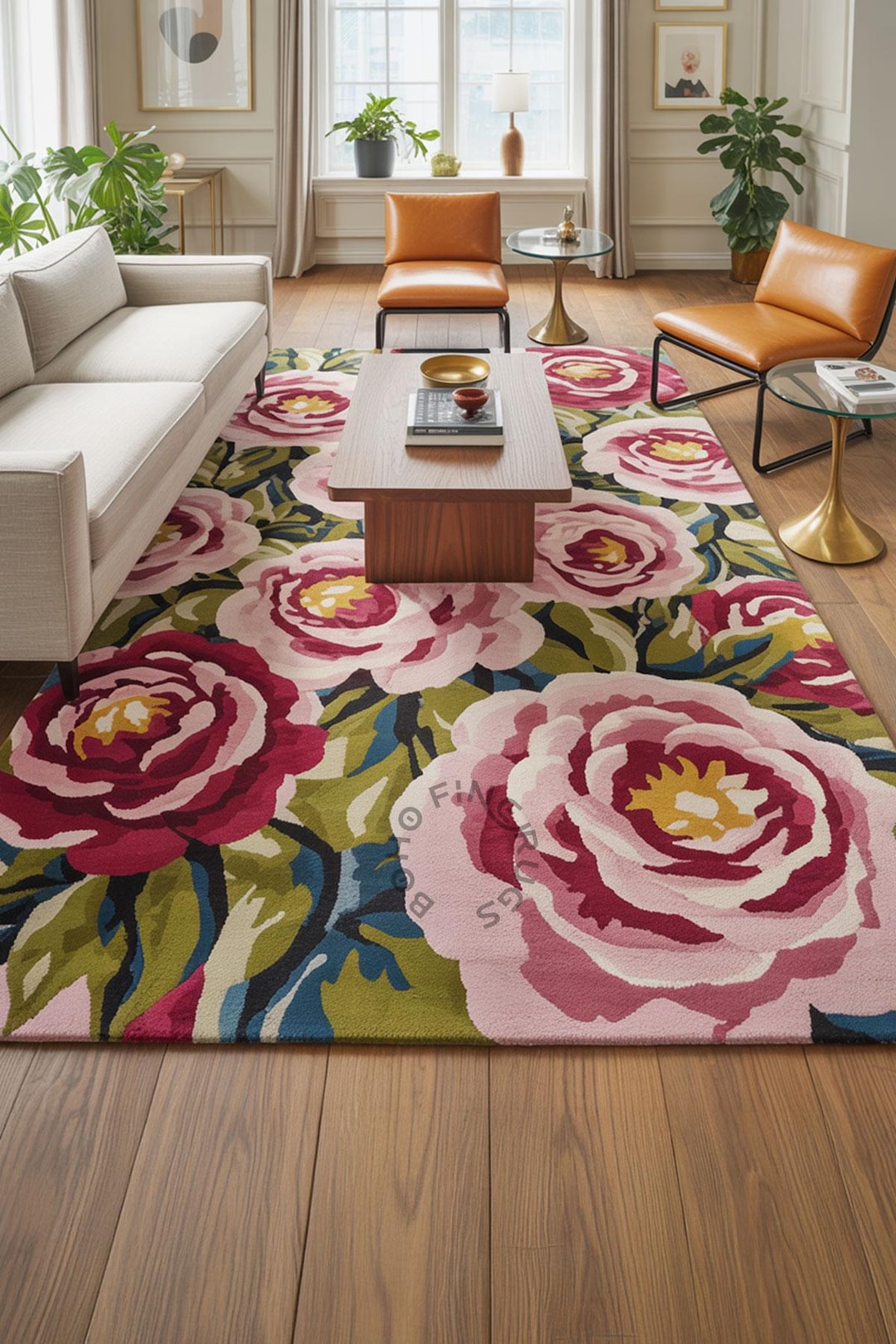 Hand-tufted Wool Floral Rug – Pink Rose Design, Modern Botanical Carpet ...