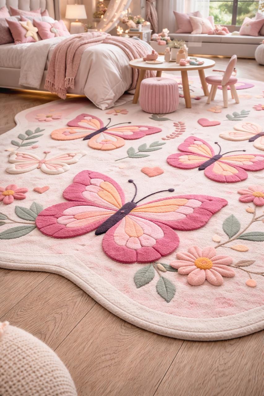Pink Butterfly Rugs Handmade Pink Butterfly Rug, Girls Bedroom Carpet, Floral Nursery Decor ...