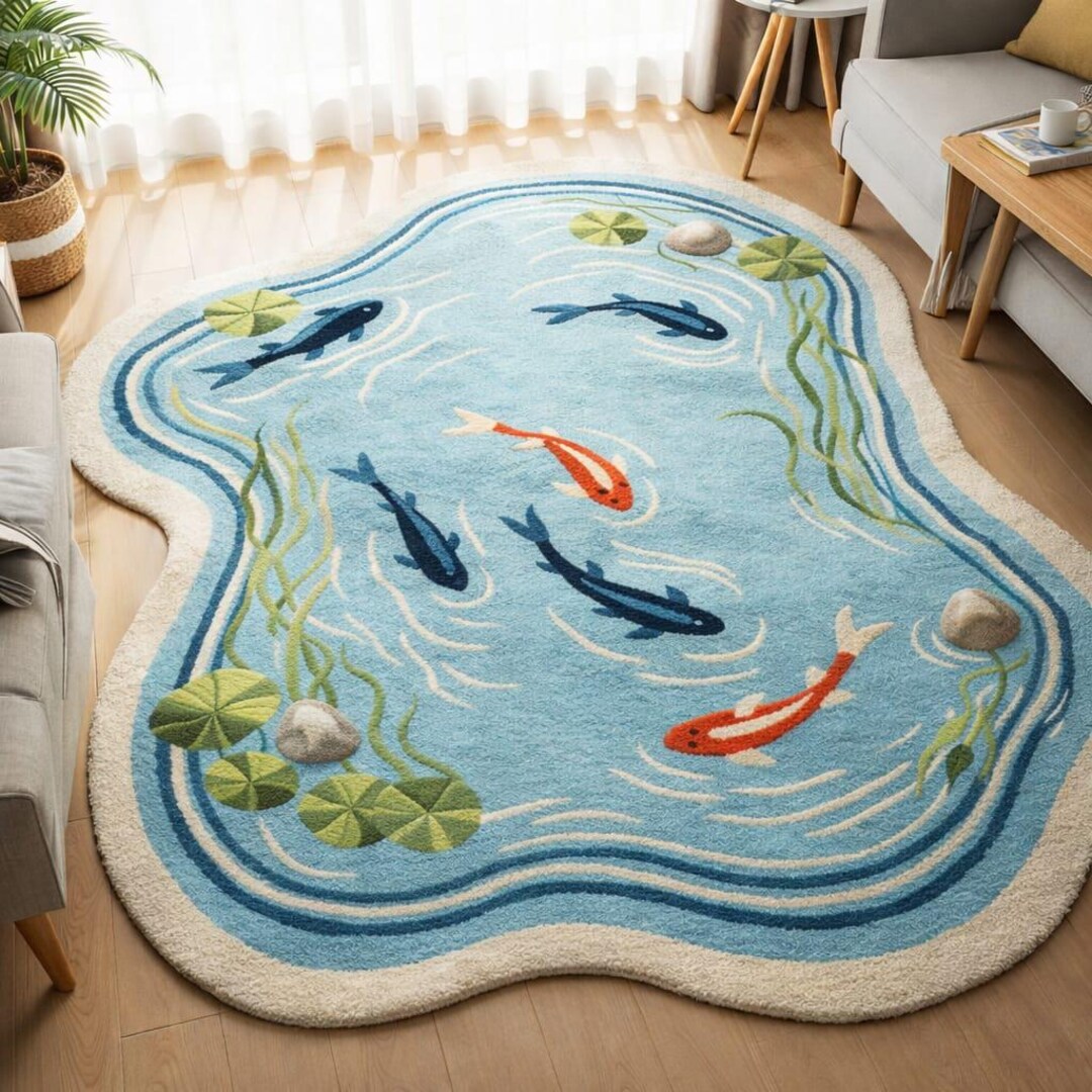 Pond Colors Rug Handmade Koi Fish Rug, Pond Shaped Nursery Carpet - Etsy