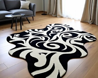 Hand-Tufted Wool Rug 5x8: Black & White Abstract, Irregular Shape