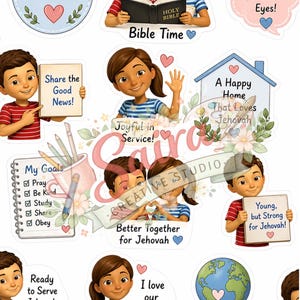 Könnte beinhalten: Eine Sammlung farbenfroher Aufkleber mit Cartoon-Illustrationen und Text. Die Aufkleber zeigen Kinder, Herzen und Sätze wie "We Love Jehovah", "Bible Time" und "Share the Good News!" Das Gesamtthema ist religiös und inspirierend.