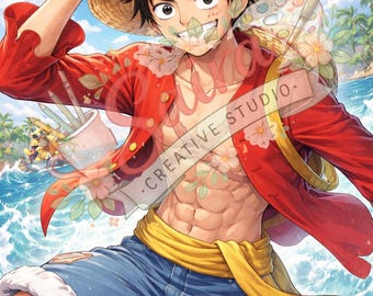 Póster de anime para pared – Póster inspirado en el héroe pirata / Descarga digital / Imprimible en tamaño A4 Luffy One Piece