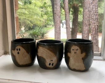 Ghost Ceramic Cup, Pottery Handmade Mug, Moon Halloween Espresso Cup, Spooky Season Gift